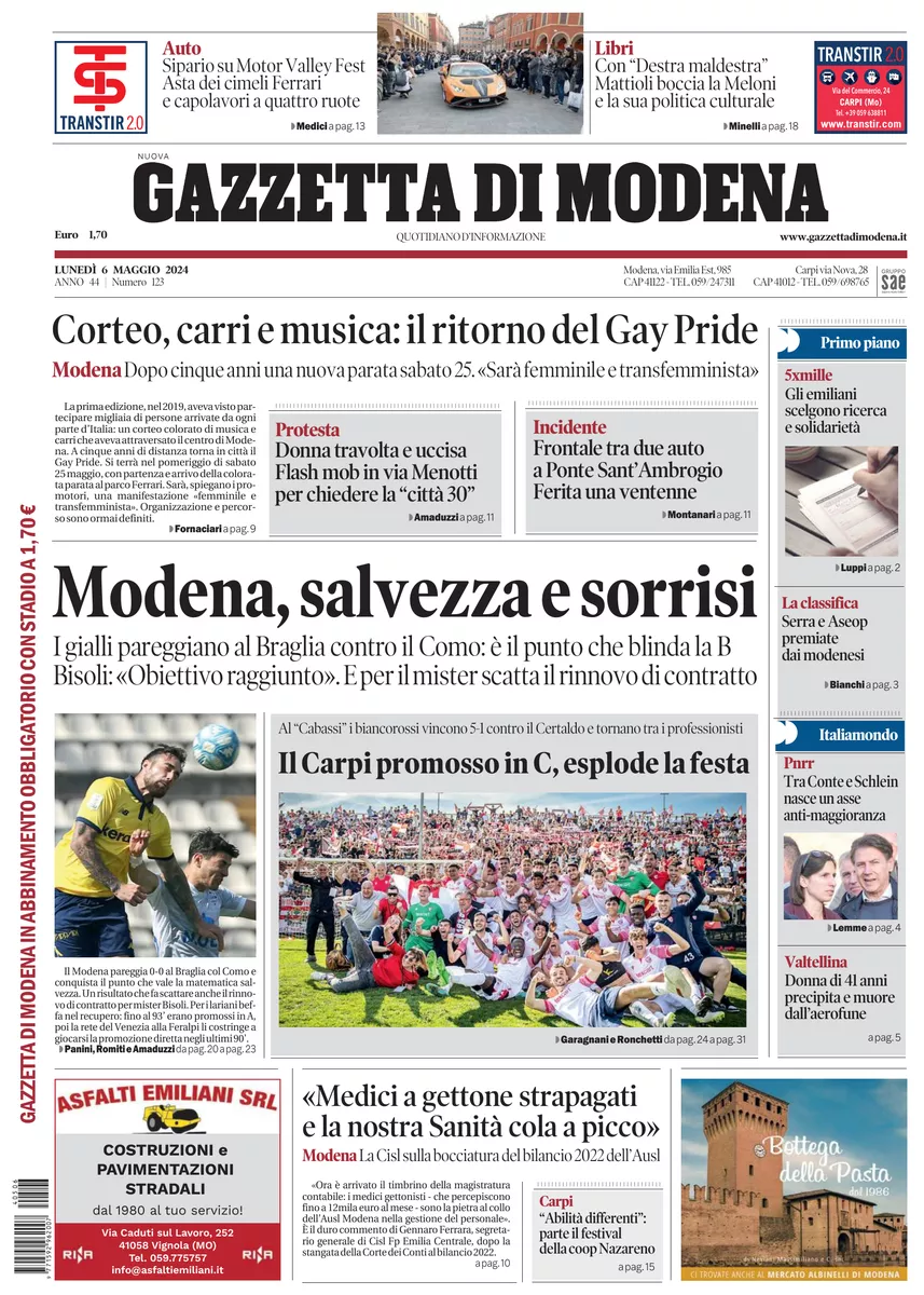 Prima-pagina-gazzetta di modena-oggi-edizione-del-2024-05-06